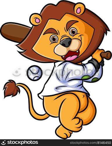 The lion is playing the baseball and hit the ball
