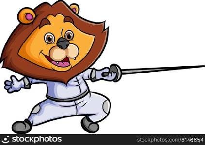 The lion is playing the fencing and holding the sword