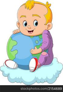The little baby boy is sitting on the cloud and holding the earth