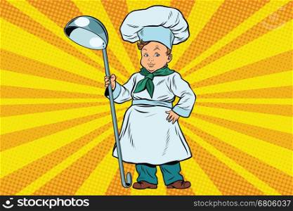 The little boy cook. Pop art retro vector illustration. Profession and talents. The little boy cook