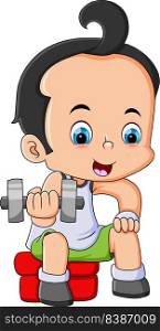 The little boy is lifting a small barbell while sitting