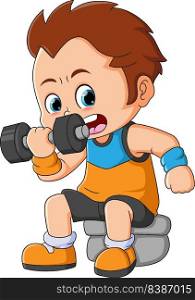 The little boy is lifting barbell with one hand while sitting