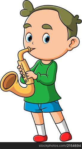 The little boy is playing and blowing saxophone