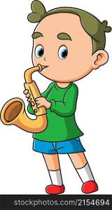The little boy is playing and blowing saxophone