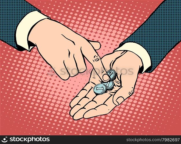 The little coins in his hand pop art retro style. Business concept financial collapse and poverty. The little coins in his hand