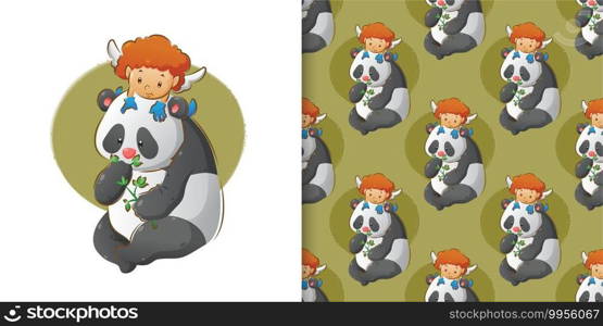 The little cupid is playing on the panda s head who eating the leaves in the pattern set