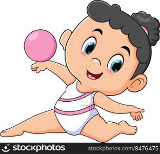 The little girl as the artistic swimming is playing with the ball 