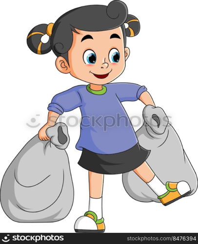 The little girl is carrying two big sacks trash and throw it