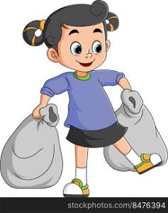 The little girl is carrying two big sacks trash and throw it