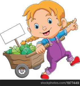 The little girl is pulling a cart full of cabbage