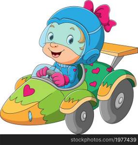 The little girl is riding a cute fast car