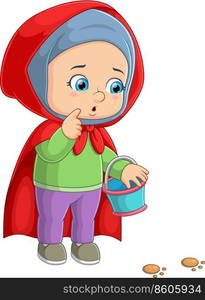 The little girl with the red hood is bringing the pail and looking the foot step 