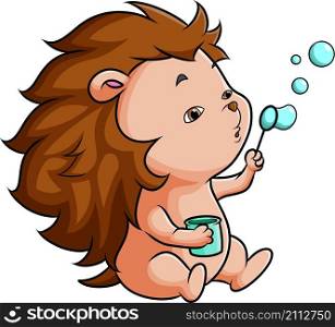The little hedgehog is blowing the bubble soap