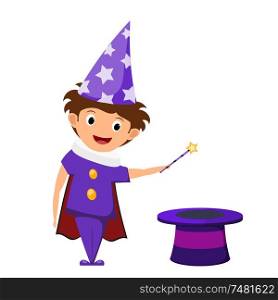 The little magician. A child in a purple suit and cap with stars with a magic wand in his hands and cylinder. Illustration of children&rsquo;s performance, show. Cartoon style. The young actor, wizard.