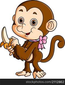 The little monkey is peeling a banana on its hand