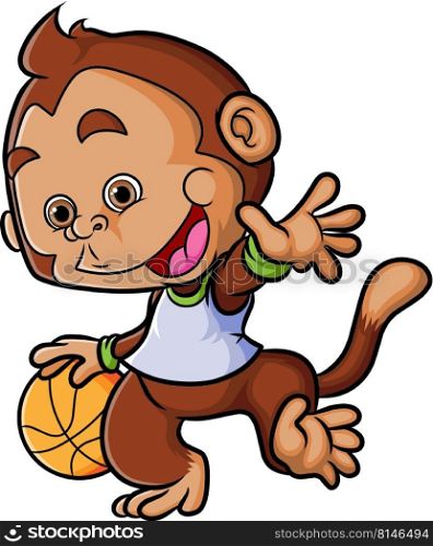 The little monkey is playing basketball while dribbling a ball