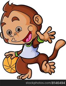 The little monkey is playing basketball while dribbling a ball