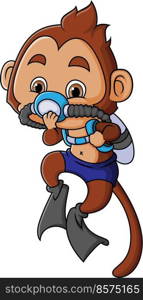 The little monkey is wearing a scuba diving gear to dive in water