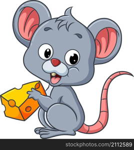 The little mouse is eating cheese while sitting