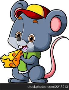 The little mouse is wearing hat and scarf while eating cheese
