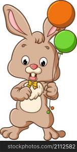 The little rabbit is happy and holding two balloons