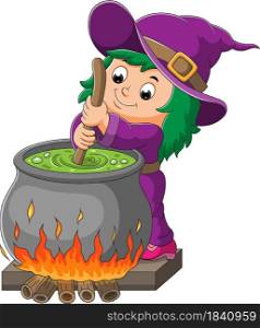 The little witch girl is mixing the potion on the pot