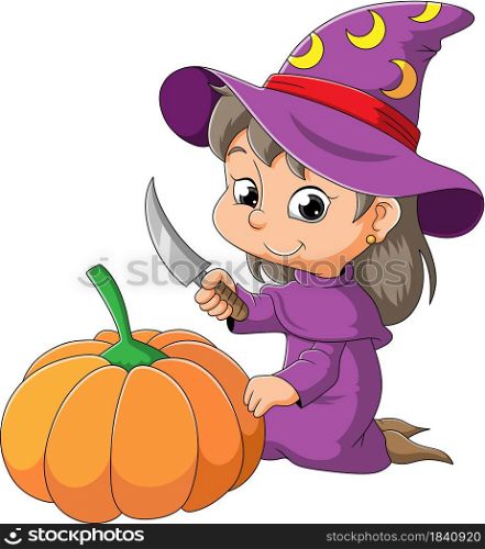 The little witch is holding the knife and cut the pumpkin