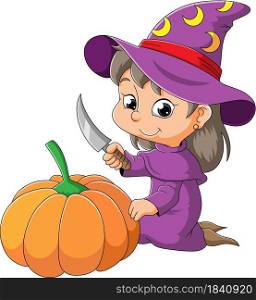 The little witch is holding the knife and cut the pumpkin
