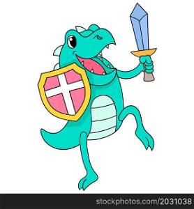 the lizard is carrying a shield and sword for battle