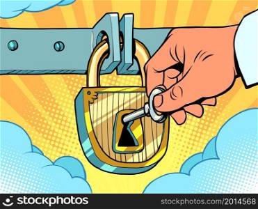 the lock and key to heaven of paradise, a religious concept of death and resurrection. Comic cartoon hand drawing retro vintage. the lock and key to heaven of paradise, a religious concept of death and resurrection