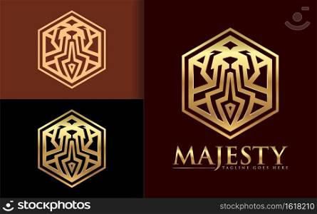The Logo Concept of a Wild Animal face Combination by Forming a Golden Metallic Hexagon Style Concept.