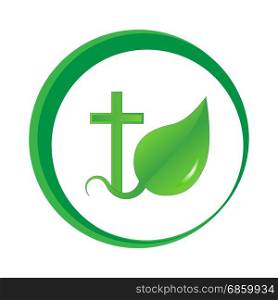 The logo is a sprout of faith. Vector image of a Christian cross and sprout leaves. Logo on white background in green color.