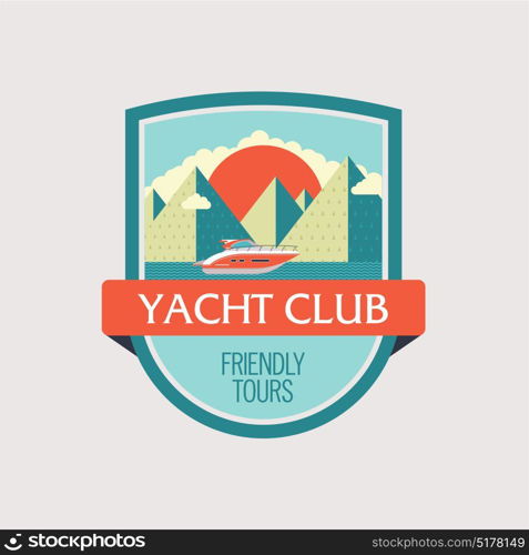 The logo, the emblem of the yacht club. Sea travel. Yacht on the background of a mountainous landscape. Vector illustration.