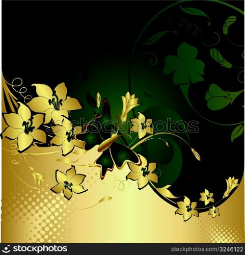 The lonely butterfly flying over gold colours and a vegetative ornament on a green background