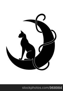 The long tail graceful and elegant cat interlace the moon, black vector hand drawing on white