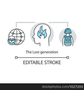 The Lost generation concept icon. Post-traumatic stress disorder. PTSD. Warfare, terrorism. Vietnamese syndrome idea thin line illustration. Vector isolated outline drawing. Editable stroke