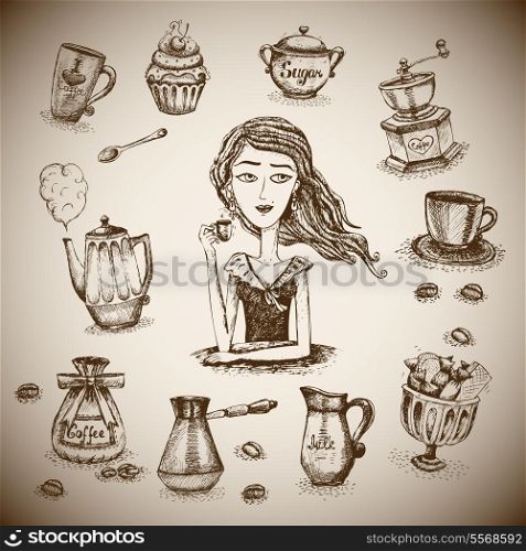 The love of coffee scene with the girl vector illustration