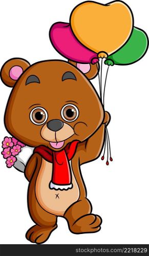 The lovely bear is holding balloons and flower