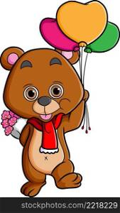 The lovely bear is holding balloons and flower