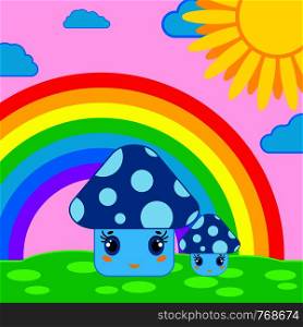The lovely mushrooms against the background of the rainbow and the sun. Lovely mushrooms against the background of the rainbow and the sun