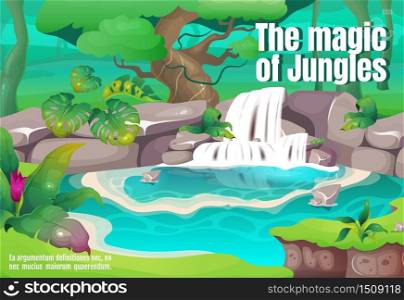 The magic of jungles poster flat vector template. Tropical woods. Exotic nature. Clear waterfall. Brochure, booklet one page concept design with cartoon characters. Rainforest flyer, leaflet