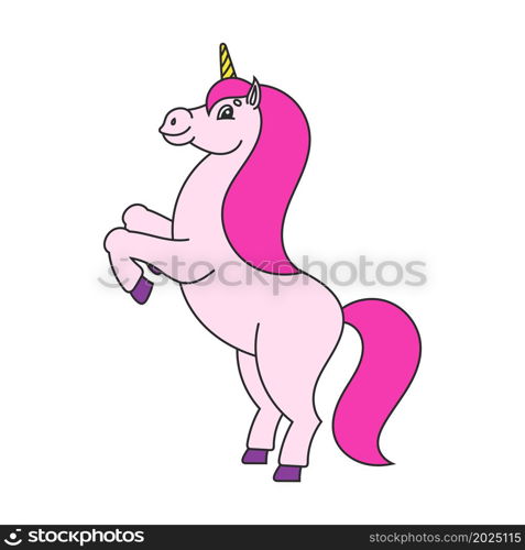 The magical unicorn reared up. The animal horse stands on its hind legs. Cartoon style. Simple flat vector illustration.