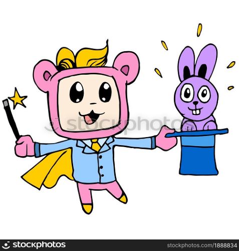the magician in action took the rabbit out of the hat. cartoon illustration sticker mascot emoticon