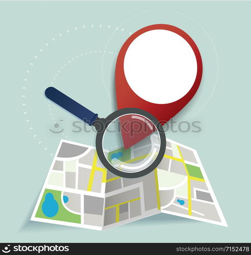 the magnifying glass and pin location icon and map vector, the concept of travel