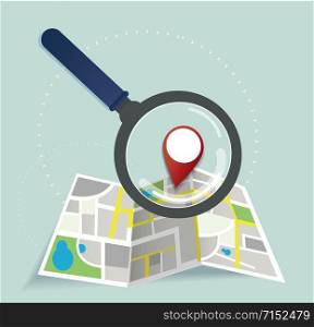 the magnifying glass and pin location icon and map vector, the concept of travel