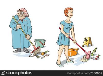 The Maids. The young and old maids are doing their hard work, cleaning floor.