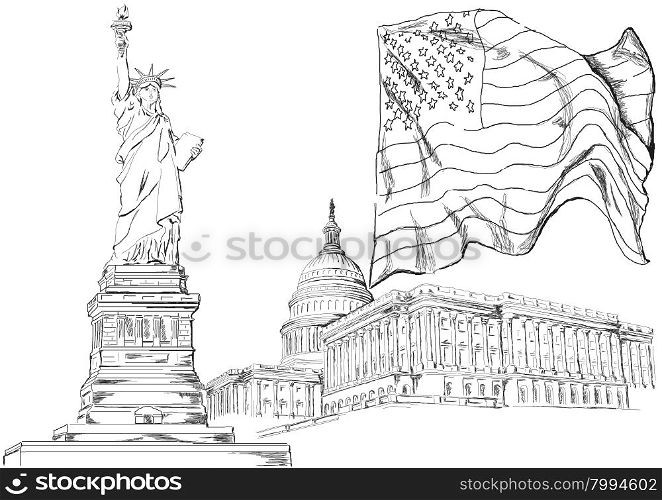 The main symbols of America -Statuya Liberty, the White House and Flag