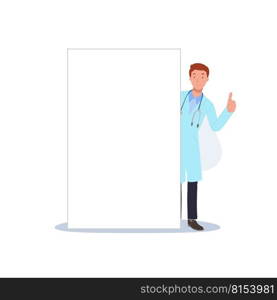 The male doctor is behind the blank board and show hand with thumb up. Flat vector cartoon character illustration