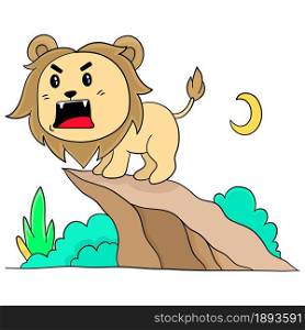 The male lion is roaring on the top of the cliff. cartoon illustration cute sticker