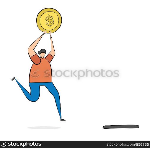 The man carries the money and runs to throw it into the moneybox hole. Black outlines and colored.